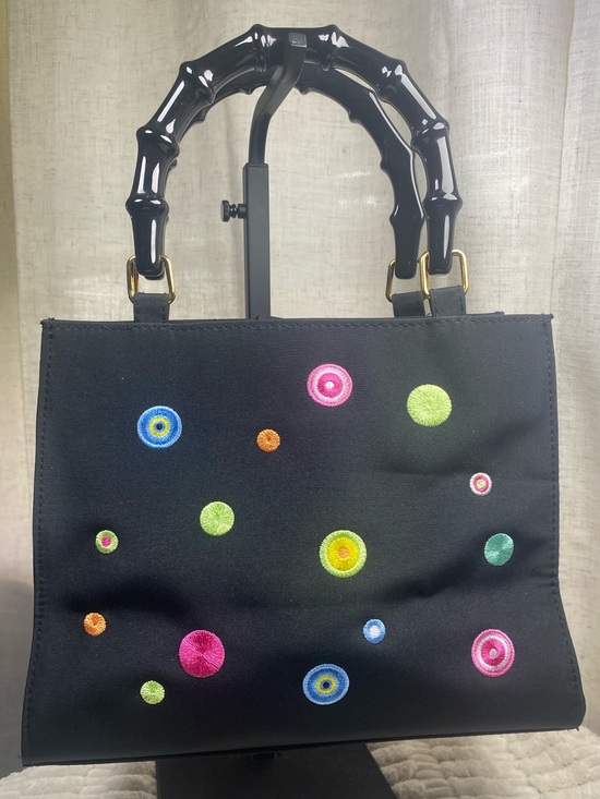 Handbags - Vintage Y2K Tianni Handbag Black Nylon Bamboo Handle Retro Mod Embroidered